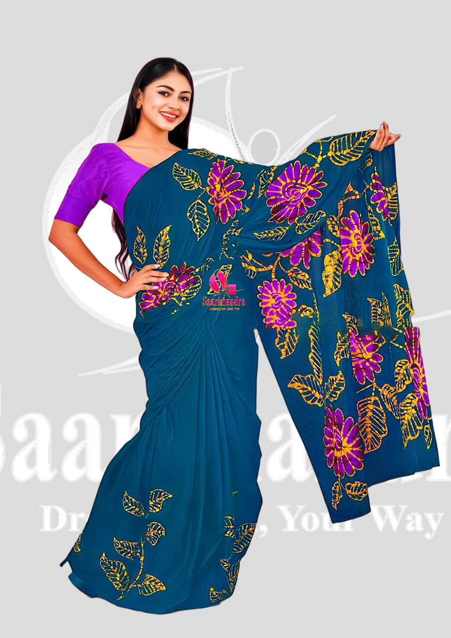 Batik Indian Premium Elegant Teal Blue & Purple Floral Printed Batik Saree